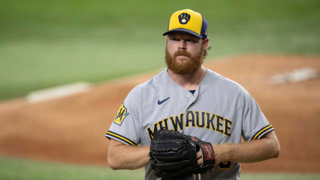 Aug 18, 2023; Arlington, Texas, USA; Milwaukee Brewers starting pitcher Brandon Woodruff (53) in action during the game between the Texas Rangers and the Milwaukee Brewers at Globe Life Field. Mandatory Credit: Jerome Miron-USA TODAY Sports  